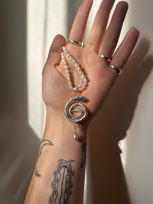 Pearl Swan Swirl Necklace - Silver